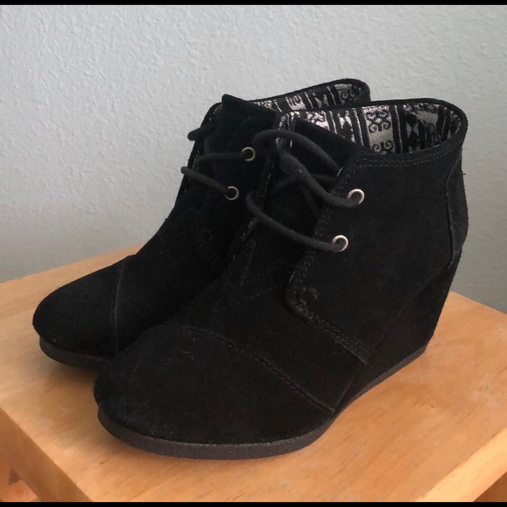 TOMS Black Suede Wedge Booties